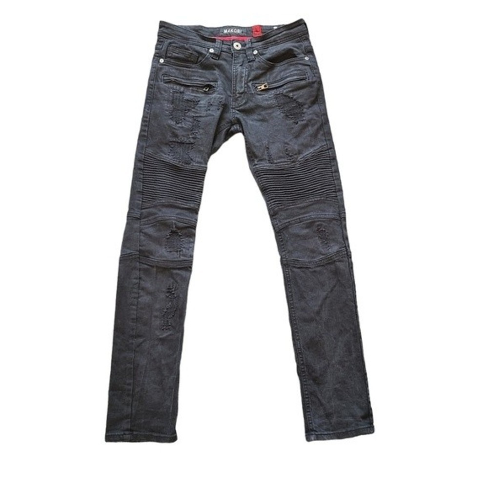 Makobi Jeans Mens 30x32 Black Moto Tapered Distressed M1786